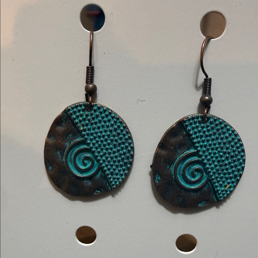 Bronze Turquoise Verdigris Hammered Spiral Dangle Earrings